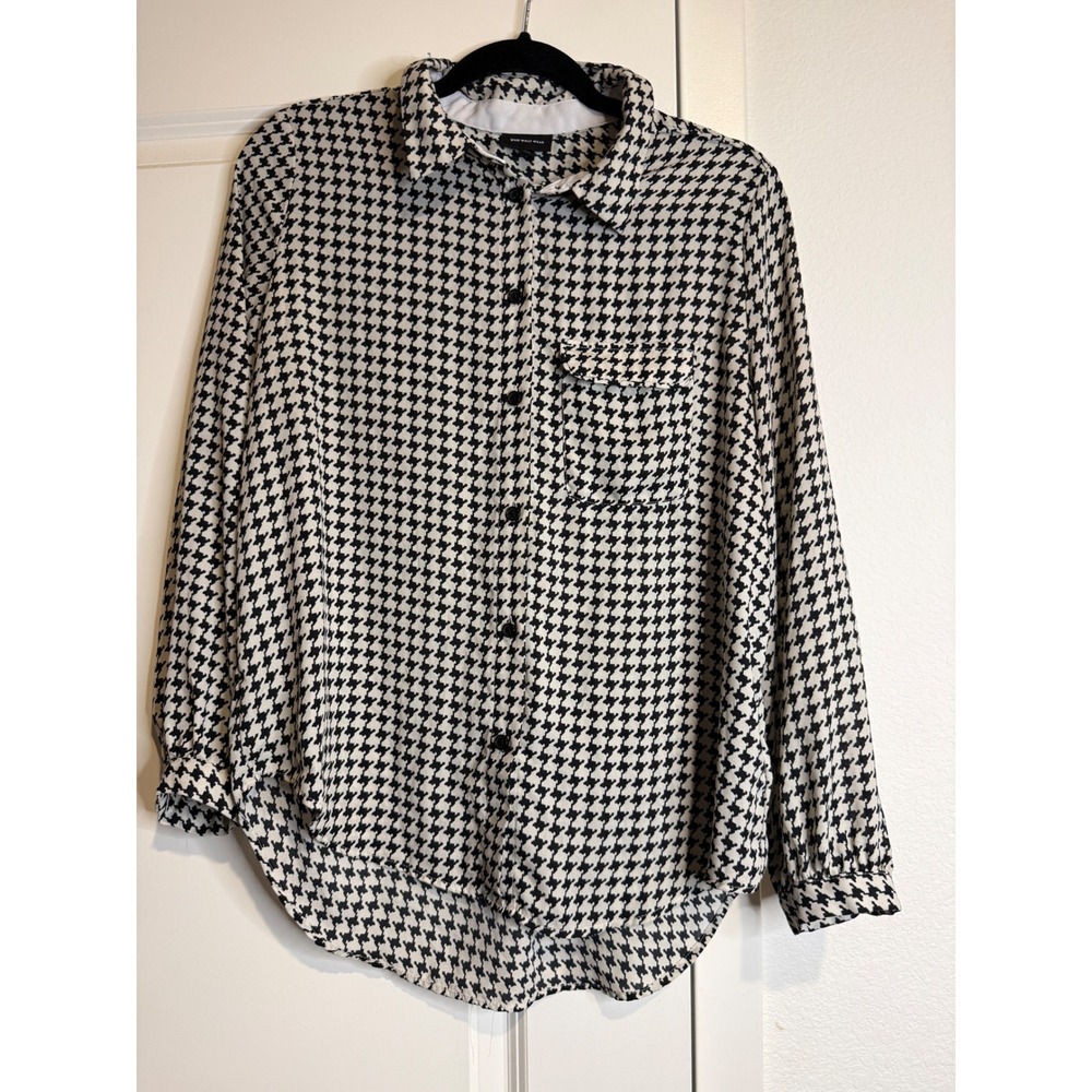 Who What Wear Houndstooth Button Down Shirt Black White Long Sleeve Medium